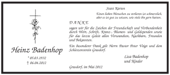 Todesanzeige von Heinz Badenhop von KREISZEITUNG SYKE