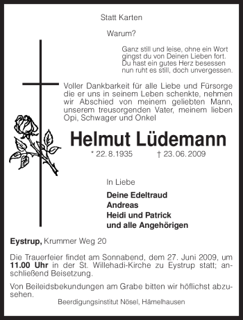 Todesanzeige von Helmut Lüdemann von KREISZEITUNG SYKE