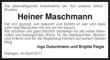 Todesanzeige von Heiner Maschmann von KREISZEITUNG SYKE