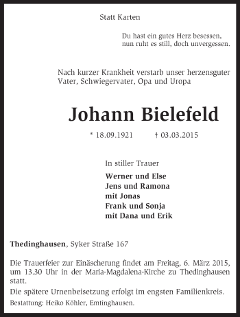Todesanzeige von Johann Bielefeld von KRZ