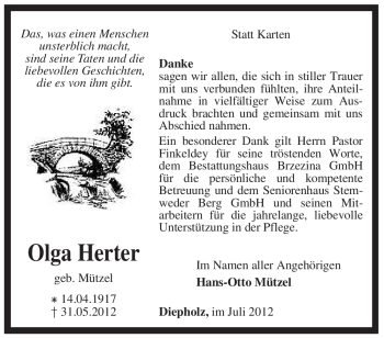 Todesanzeige von Olga Herter von KREISZEITUNG SYKE