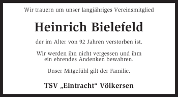 Todesanzeige von Heinrich Bielefeld von KREISZEITUNG SYKE