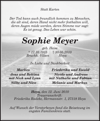Todesanzeige von Sophie Meyer von KREISZEITUNG SYKE