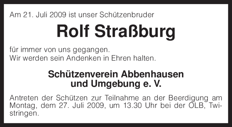  Traueranzeige für Rolf Straßburg vom 23.07.2009 aus KREISZEITUNG SYKE