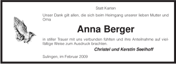 Todesanzeige von Anna Berger von KREISZEITUNG SYKE