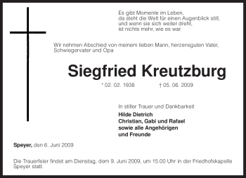 Todesanzeige von Siegfried Kreutzburg von KREISZEITUNG SYKE