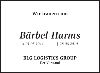Todesanzeige von Bärbel Harms von KREISZEITUNG SYKE