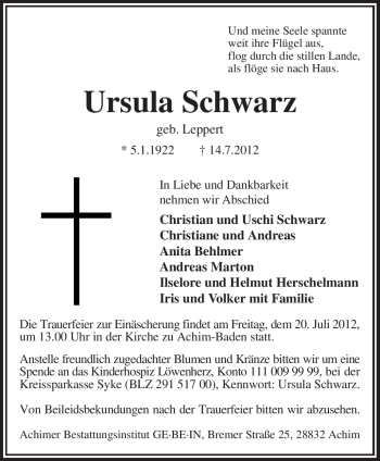 Todesanzeige von Ursula Schwarz von KREISZEITUNG SYKE