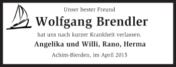 Todesanzeige von Wolfgang Brendler von KRZ