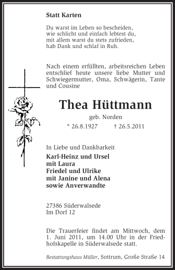 Todesanzeige von Thea Hüttmann von KREISZEITUNG SYKE