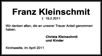 Todesanzeige von Franz Kleinschmit von KREISZEITUNG SYKE