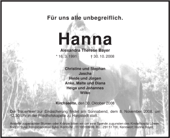 Todesanzeige von Hanna Alexandra Bayer von KREISZEITUNG SYKE