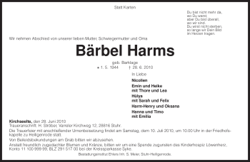 Todesanzeige von Bärbel Harms von KREISZEITUNG SYKE