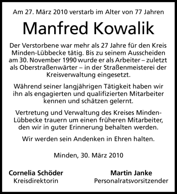 Todesanzeige von Manfred Kowalik von KREISZEITUNG SYKE