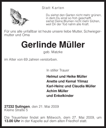 Todesanzeige von Gerlinde Müller von KREISZEITUNG SYKE