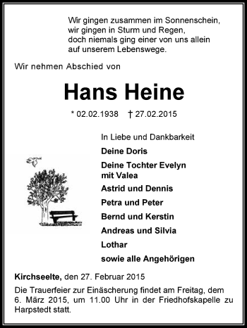 Todesanzeige von Hans Heine von KRZ