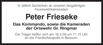 Todesanzeige von Peter Frieseke von KREISZEITUNG SYKE