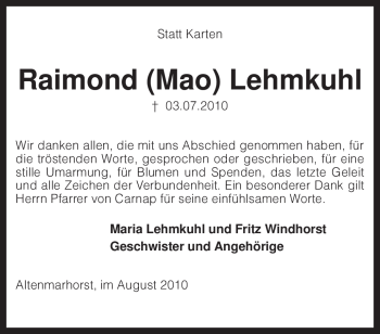 Todesanzeige von Raimond Lehmkuhl von KREISZEITUNG SYKE