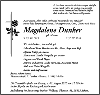 Todesanzeige von Magdalene Dunker von KREISZEITUNG SYKE