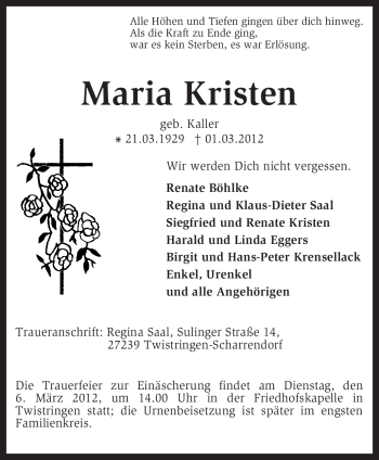 Todesanzeige von Maria Kristen von KREISZEITUNG SYKE