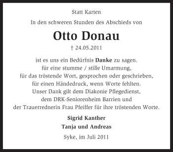 Todesanzeige von Otto Donau von KREISZEITUNG SYKE