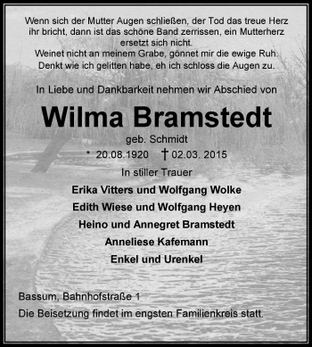 Todesanzeige von Wilma Bramstedt von KRZ