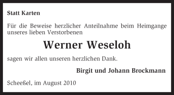 Todesanzeige von Werner Weseloh von KREISZEITUNG SYKE