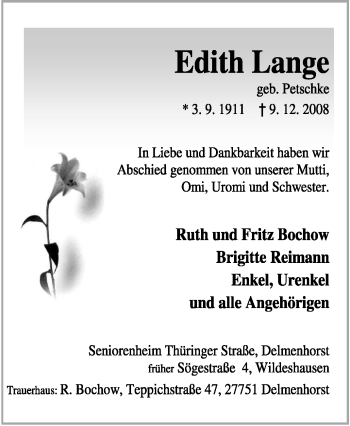 Todesanzeige von Edith Lange von KREISZEITUNG SYKE