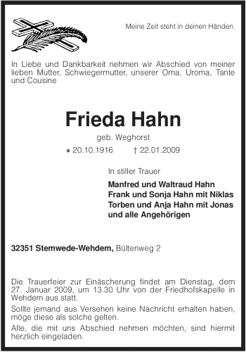 Todesanzeige von Frieda Hahn von KREISZEITUNG SYKE