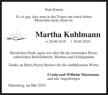 Todesanzeige von Martha Kuhlmann von KREISZEITUNG SYKE