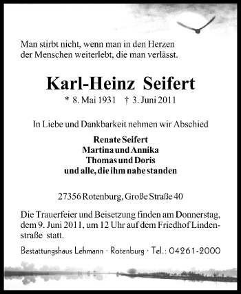 Todesanzeige von Karl-Heinz Seifert von KREISZEITUNG SYKE