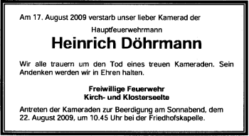 Todesanzeige von Heinrich Döhrmann von KREISZEITUNG SYKE