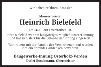 Todesanzeige von Heinrich Bielefeld von KREISZEITUNG SYKE