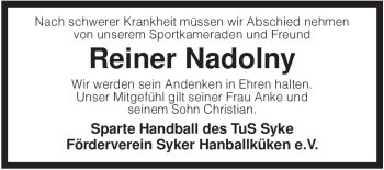 Todesanzeige von Reiner Nadolny von KREISZEITUNG SYKE