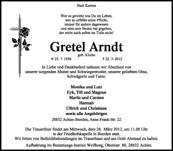 Todesanzeige von Gretel Arndt von KREISZEITUNG SYKE