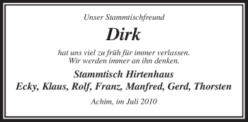 Todesanzeige von Dirk Unbekannt von KREISZEITUNG SYKE