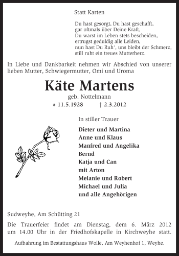 Todesanzeige von Käte Martens von KREISZEITUNG SYKE
