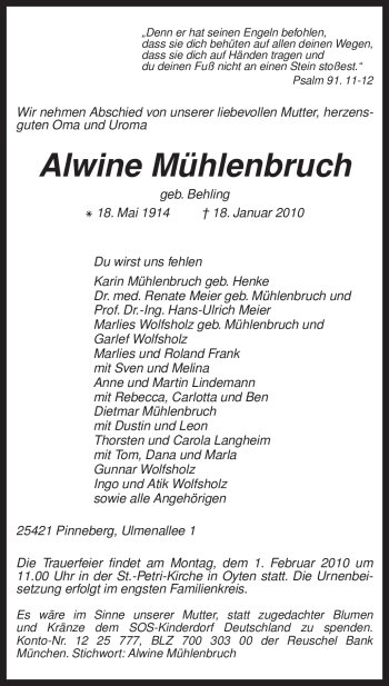 Todesanzeige von Alwine Mühlenbruch von KREISZEITUNG SYKE