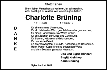 Todesanzeige von Charlotte Brüning von KREISZEITUNG SYKE