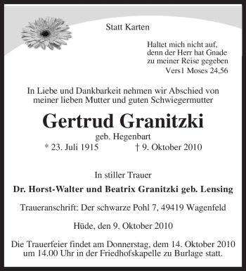 Todesanzeige von Gertrud Granitzki von KREISZEITUNG SYKE