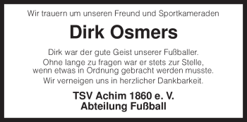 Todesanzeige von Dirk Osmers von KREISZEITUNG SYKE