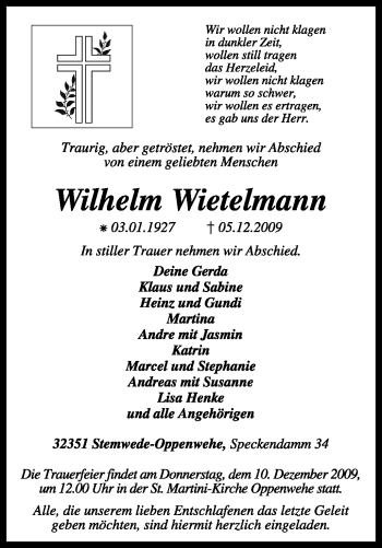 Todesanzeige von Wilhelm Wietelmann von KREISZEITUNG SYKE