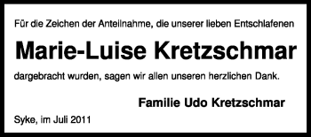 Todesanzeige von Marie-Luise Kretzschmar von KREISZEITUNG SYKE