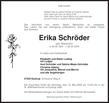Todesanzeige von Erika Schröder von KREISZEITUNG SYKE