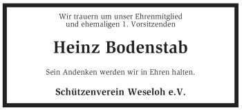 Todesanzeige von Heinz Bodenstab von KREISZEITUNG SYKE