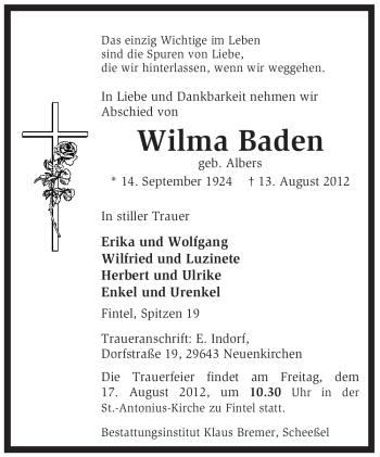 Todesanzeige von Wilma Baden von KREISZEITUNG SYKE