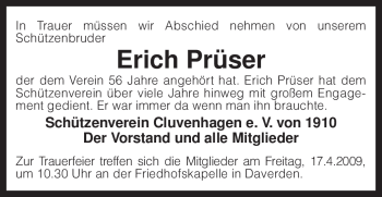 Todesanzeige von Erich Prüser von KREISZEITUNG SYKE