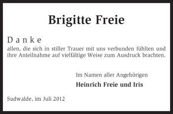 Todesanzeige von Brigitte Freie von KREISZEITUNG SYKE