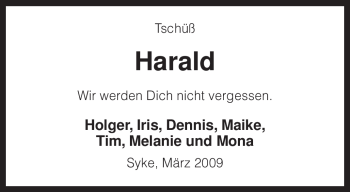Todesanzeige von Harald Unbekannt von KREISZEITUNG SYKE