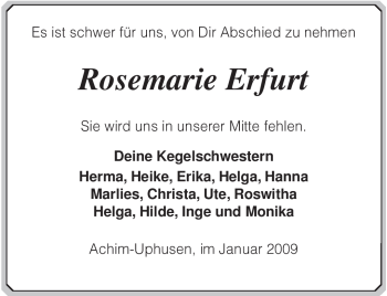 Todesanzeige von Rosemarie Erfurt von KREISZEITUNG SYKE